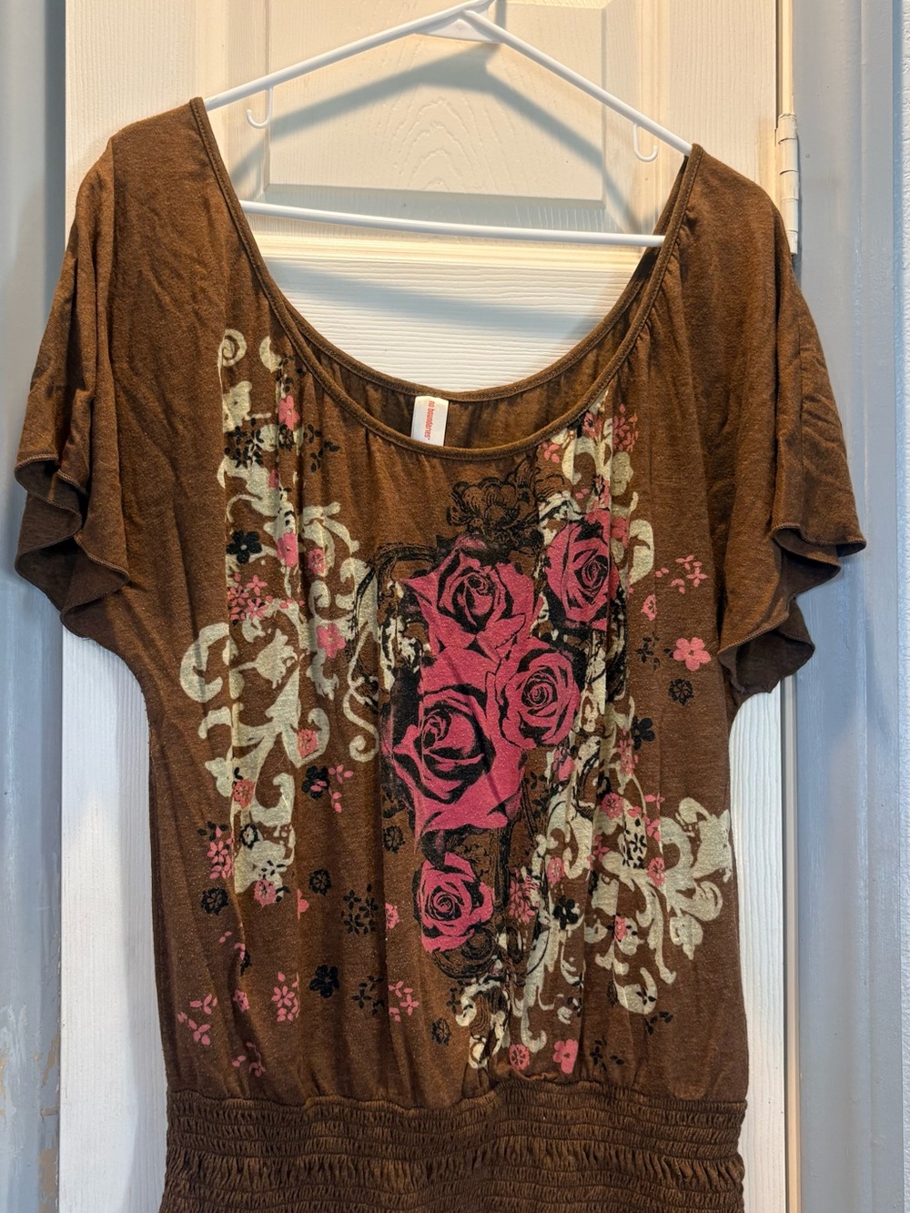 No Boundaries Brown Tunic Top with Pink Rose Print